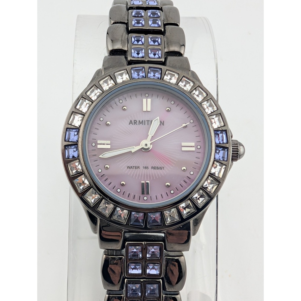 Armitron Watch Women 26mm Case Purple MOP Black 7" Band 75/3689- New Battery